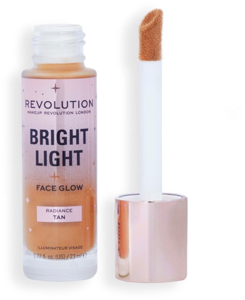 Een make-up fles met een applicator, labeled Bright Light Face Glow voor een gebruinde uitstraling.