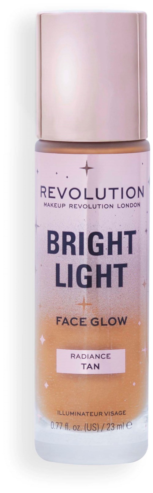 Een fles gezichtsgloed spray genaamd Bright Light, voor een stralende teint, met roze en paarse ontwerp en glitters.