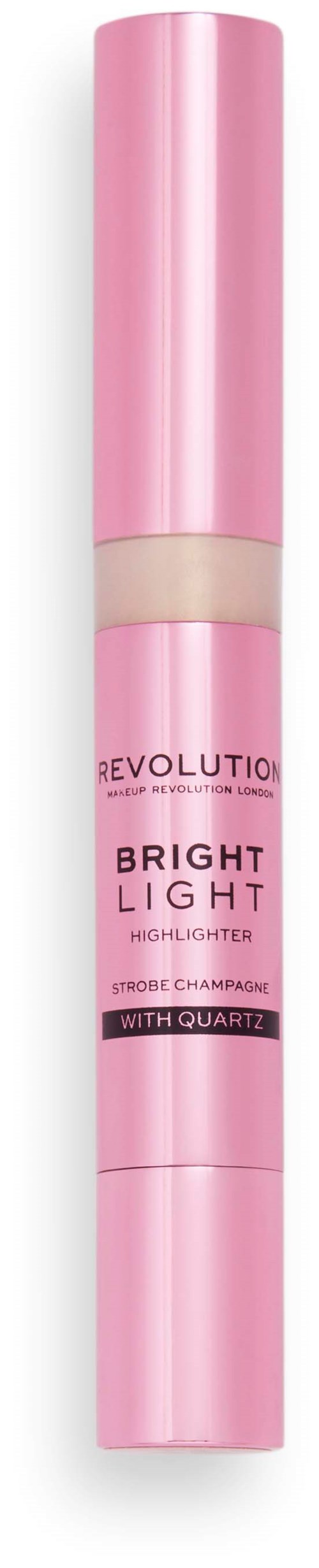 Een roze, cilindervormige highlighter met een doorzichtige middenstuk dat het product toont. Het heet Revolution Bright Light.