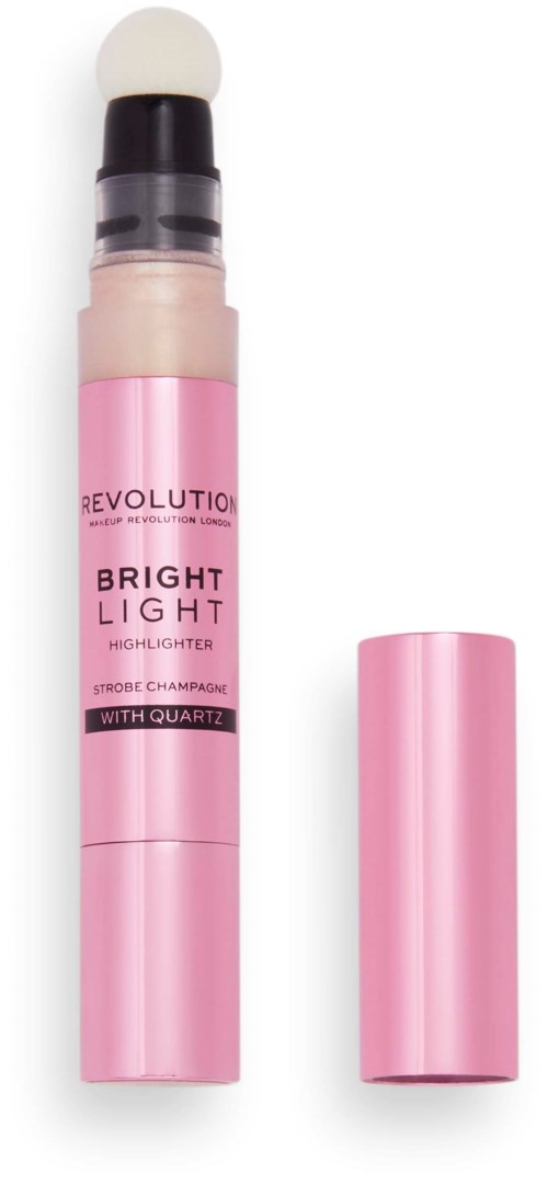 Een roze highlighter met dop, gemerkt 'Revolution Bright Light' en 'Stobe Champagne', met een verwijderbare top.