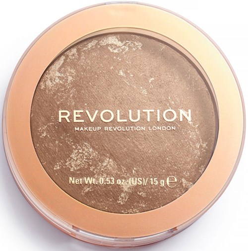 Meikkituote Makeup Revolution Londonilta, pyöreässä astiassa ja ruskeaa jauhetta sisällä.