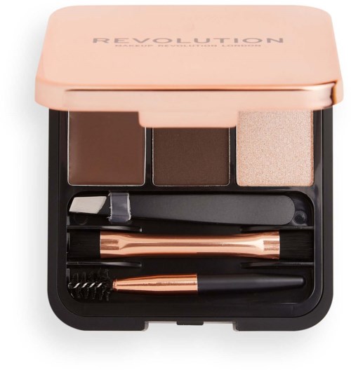 Make-up palet met drie oogschaduwen, een kleine borstel en een wenkbrauwborstel in een roze doos.