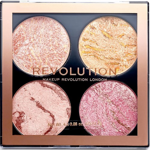 En makeup-palett med fyra marmorerade puder i en kvadratisk förpackning. Märket är Revolution London.