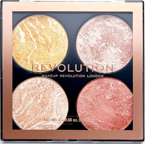 Fyra highlighters i ett gyllene fall med etiketten 'Revolution Makeup Revolution London.'