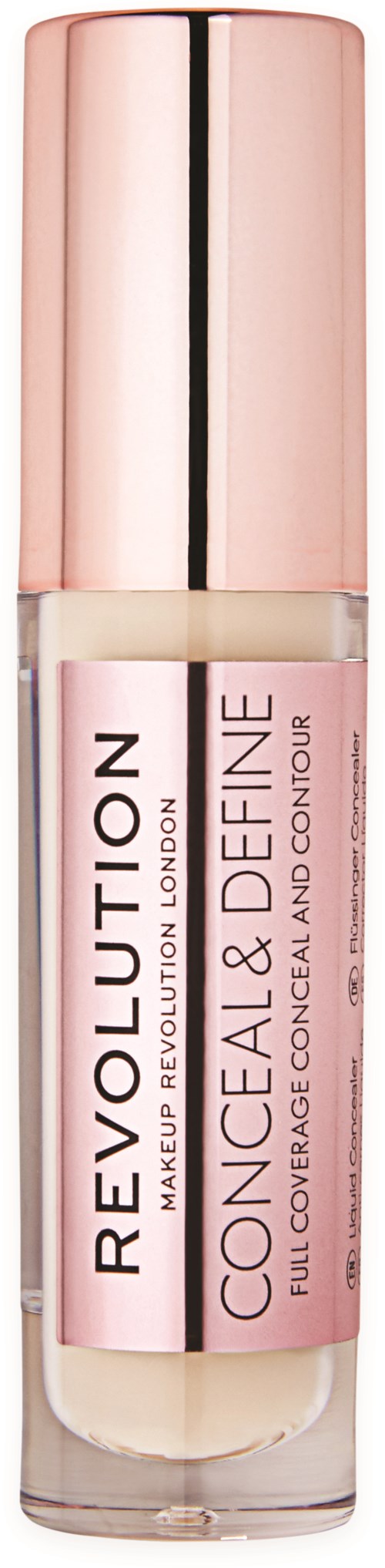 A makeup product bottle labeled 'Revolution Makeup Plus' for concealing, contouring, and full coverage.