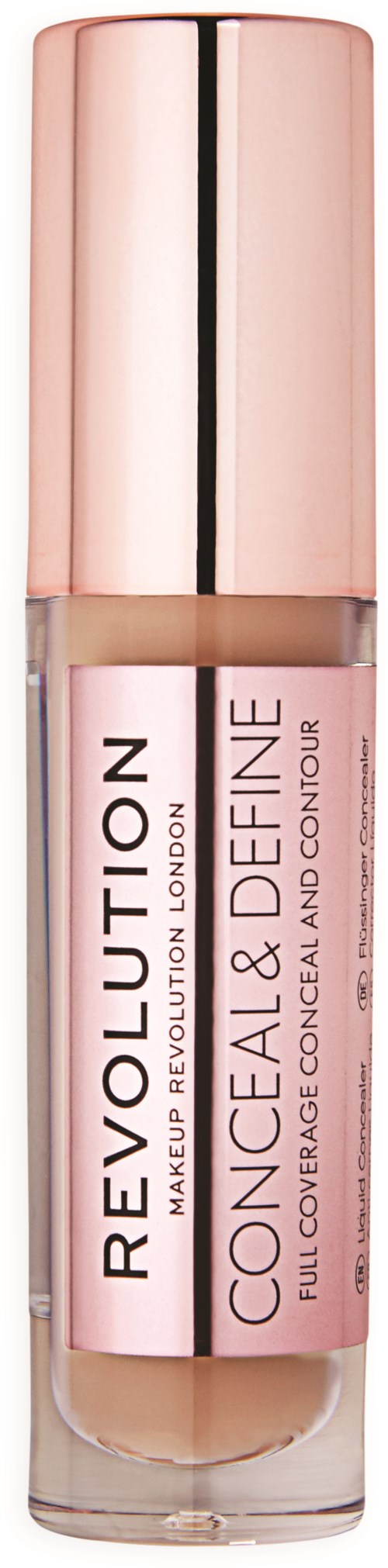 Concealer stick with a pink cap and transparent body, labeled 'Revolution Conceal & Define' for full coverage.
