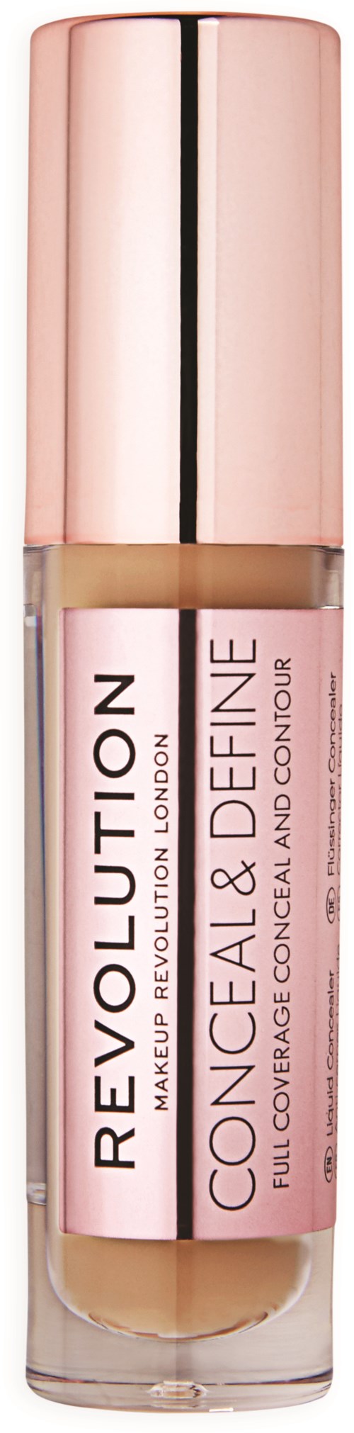 A makeup concealer bottle with a pink cap and beige liquid inside, labeled 'Revolution Conceal & Define' on the front.