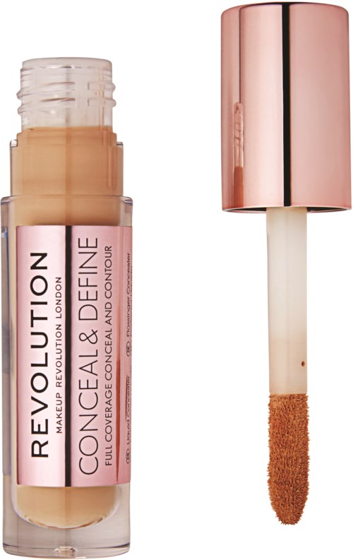 A makeup concealer stick in a clear tube with a pink label and applicator with a brown tip.