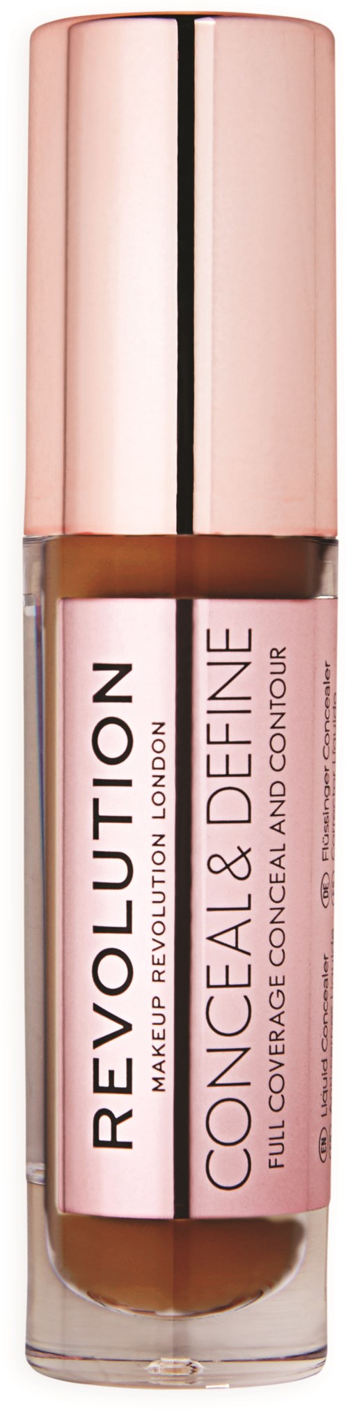 A concealer and contour product in a glass bottle with a pink cap and label. The label reads "Revolution" and "Conceal & Define."