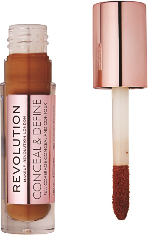 A concealer stick with a pink metallic cap, showing the concealer inside with a doe-foot applicator.