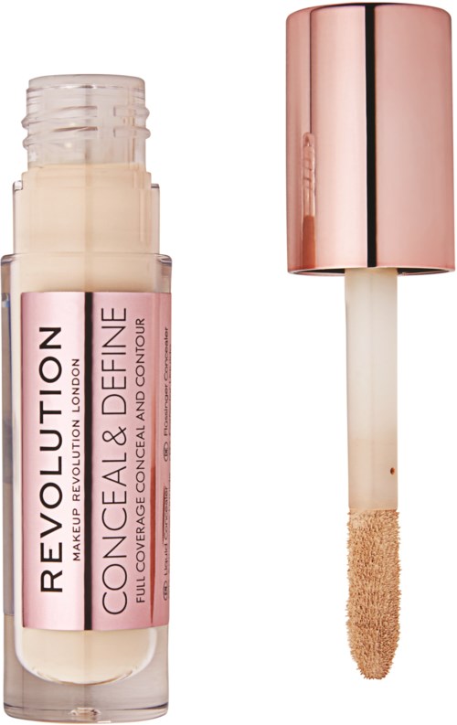 Een lipconcealer stick met een roze metalen dop en een doorzichtige body met beige product.