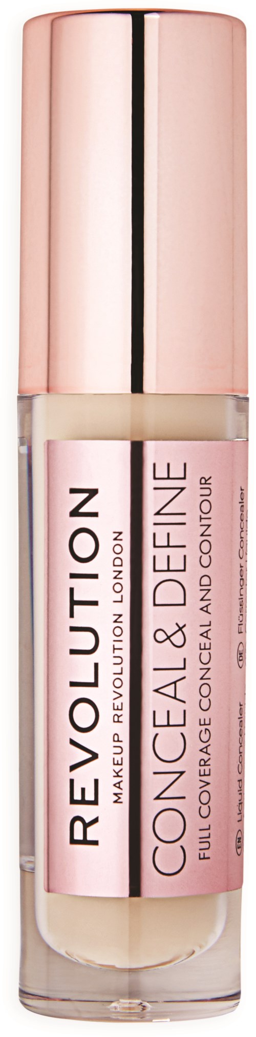Een concealerflesje van Revolution Makeup, roze en roségoud, voor volledige dekking van donkere kringen en onzuiverheden.