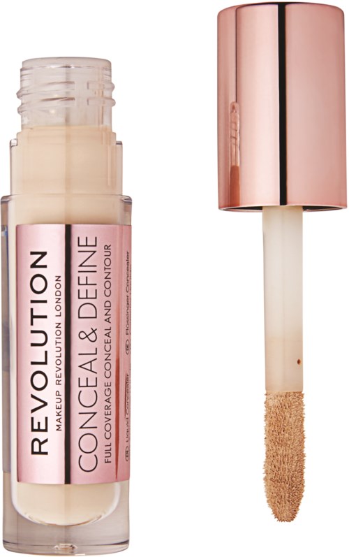 Een concealer-stift met een roze en zilveren deksel, met de applicator en beige product. Het heet 'Revolution Conceal & Define.'