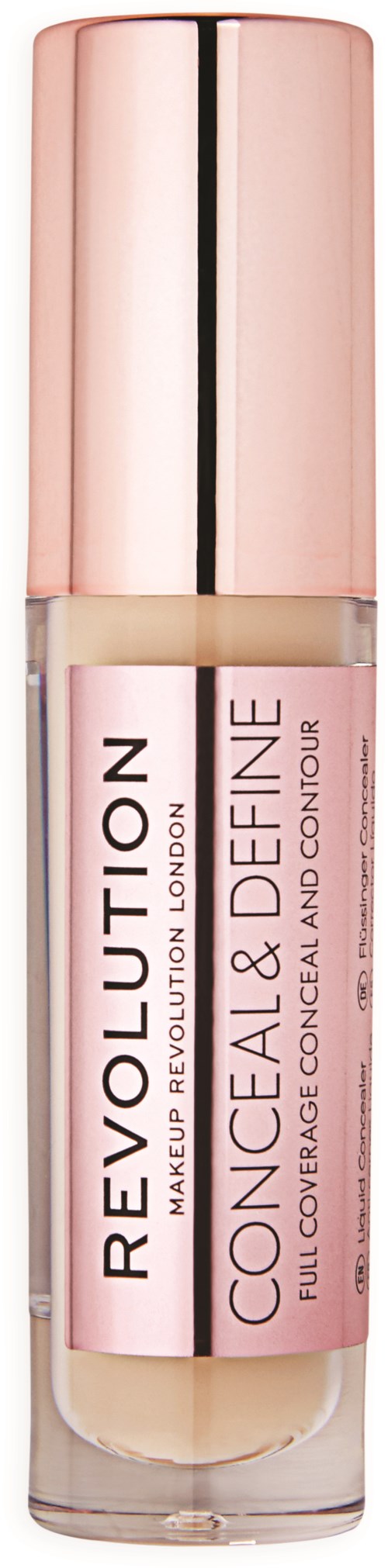 Een foundationfles met een roze dop en een label met de tekst "Revolution Makeup Revolution London Coneal & Contour."