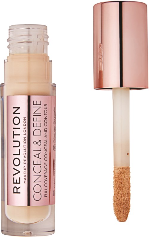 Lippenstift met een roze metallic dop en een licht beige vloeistof, verbonden met een applicator.