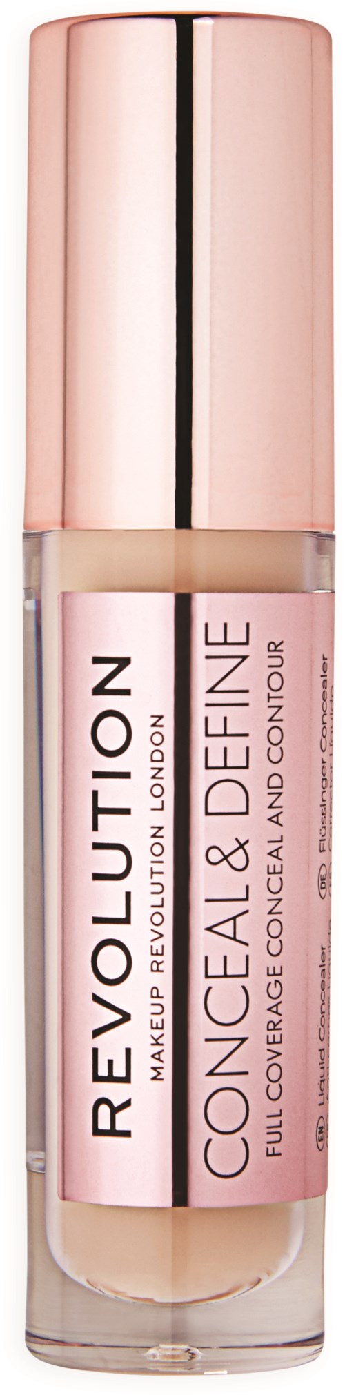 A concealer and contour stick with pink and beige shades, labeled 'Revolution' for full coverage and contouring.