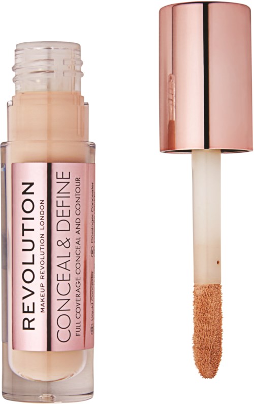 A concealer stick with a pink, shiny cap and a sponge tip applicator, used for covering skin flaws.