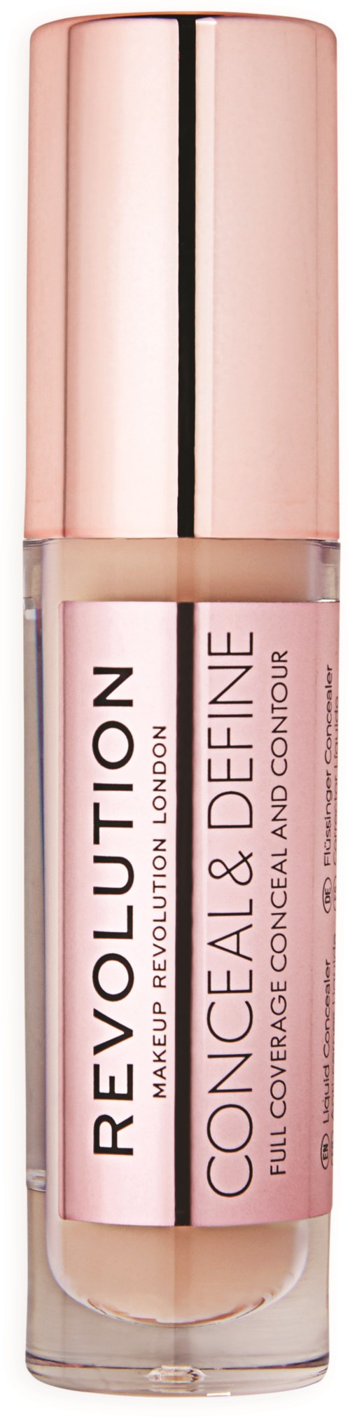 A concealer bottle with a pink liquid inside, labeled Revolution Makeup London, Full Cover Conceal & Conceal.