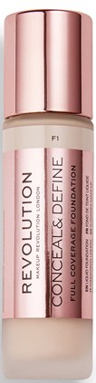 Roze fles met een donkerroze dop, gelabeld als Revolution concealer foundation voor volledige dekking, kleur F1.