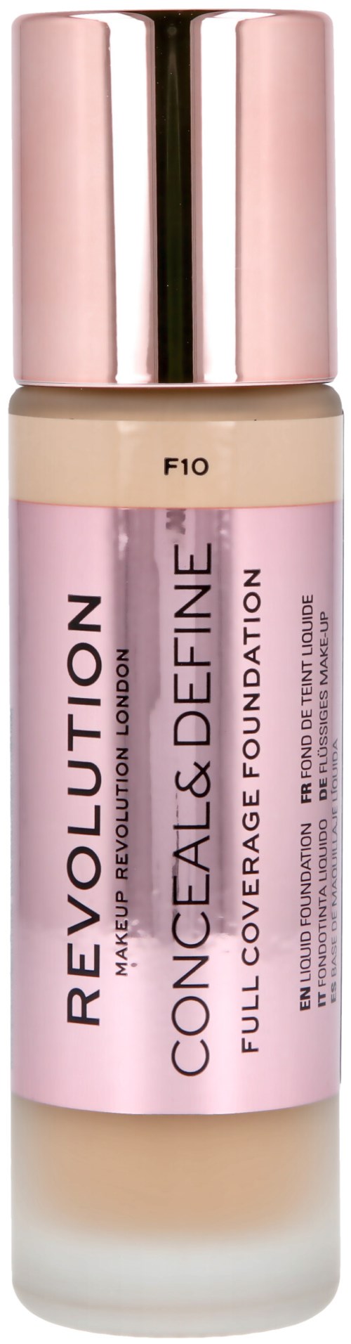 A foundation bottle with a pink and beige design, labeled 'Revolution Conceal & Define Full Coverage Foundation.'