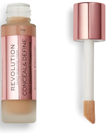 A concealer bottle with a pink cap and applicator, labeled "Revolution Conceal & Define" for makeup use.