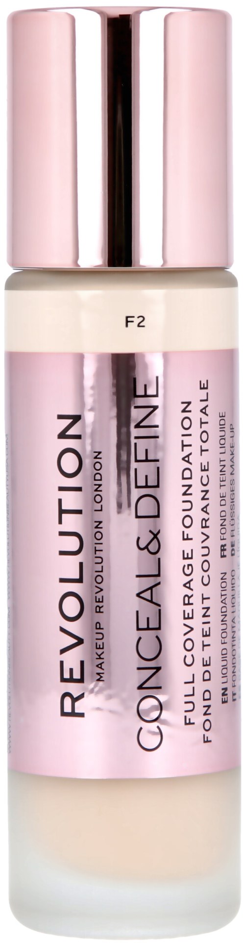 A bottle of Revolution Makeup Revolution London foundation, labeled 'Conceal & Define Full Cover Camouflage Foundation' with a pink cap.