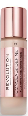 Een lange, roze fles Revolution foundation met een bijpassende roze dop. Etiket toont productgegevens.