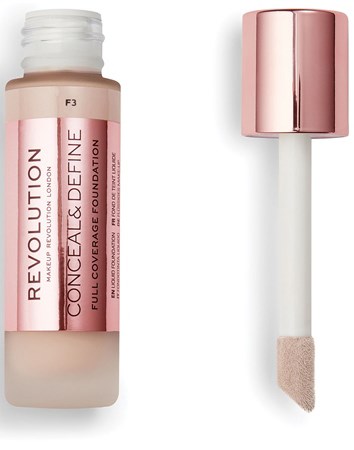Een foundationfles met roze dop en een applicator met een sponsdop.