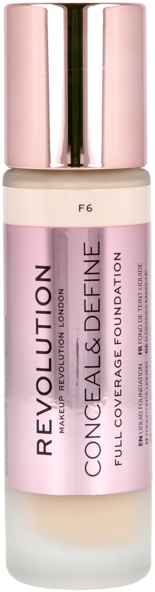A foundation bottle with a pink label and metallic pink cap, labeled 'Revolution Conceal & Define Full Coverage Foundation.'