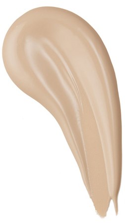 A beige liquid makeup swatch with a smooth, glossy texture and curved shape.