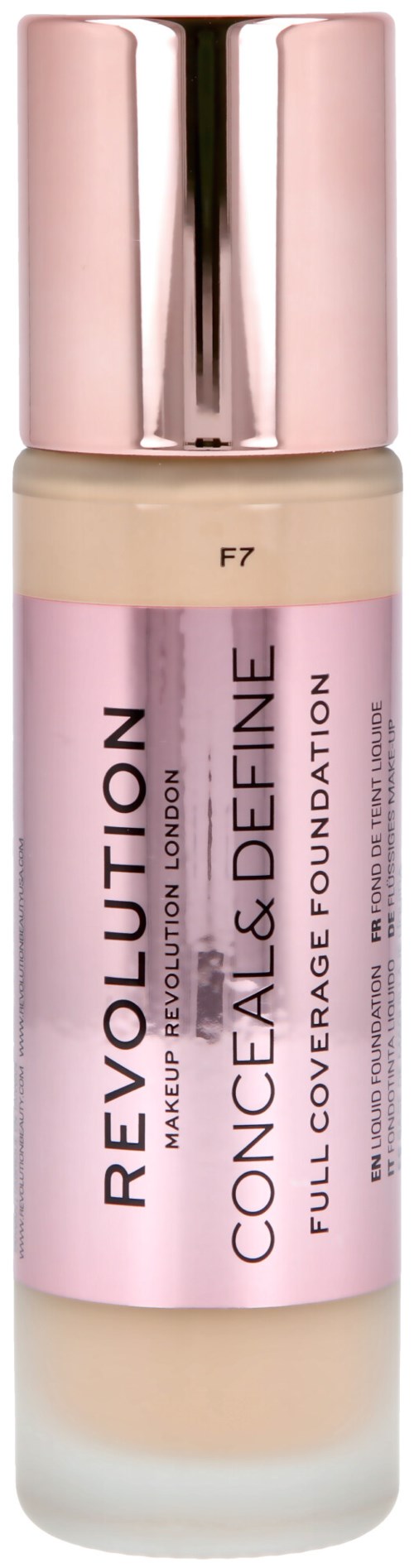 Pink and beige foundation bottle with a shiny pink cap, labeled 'Revolution Maquillaje Revolution'.