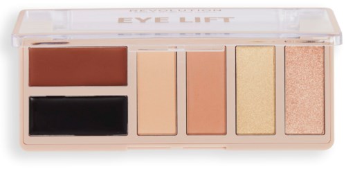 A palette of five eyeshadow colors in a clear case, including brown, black, beige, gold, and pink shades.