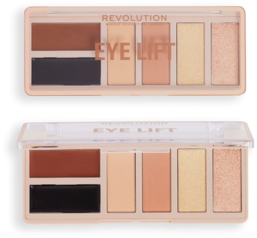 A makeup palette with two rows of eye shadow colors, including brown, black, nude, gold, and pink shades.