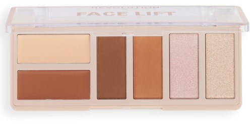 En makeup-palette med fem olika nyanser, inklusive beige, brunt, rosa och skimrande färger.