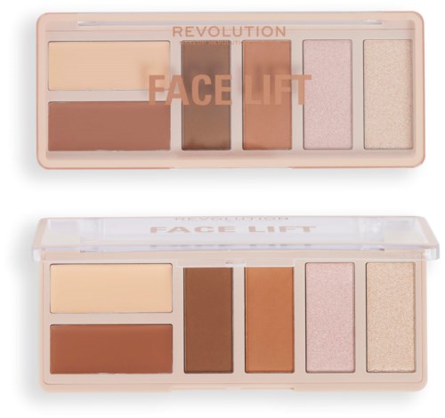 En makeup-palett med sex nyanser, inklusive beige, brunt och rosa, som heter Revolution Face Lift.