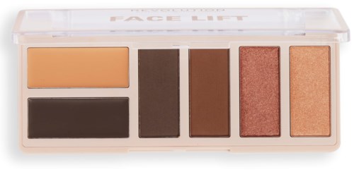 Ein Lidschattenpalette mit sechs Nuancen, einschließlich heller, dunkler und schimmernder Farben.