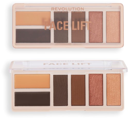 Eine Make-up-Palette mit fünf Farbtönen: beige, dunkelgrau, braun, schimmernder Rouge und Pfirsich, in einem rechteckigen Gehäuse.
