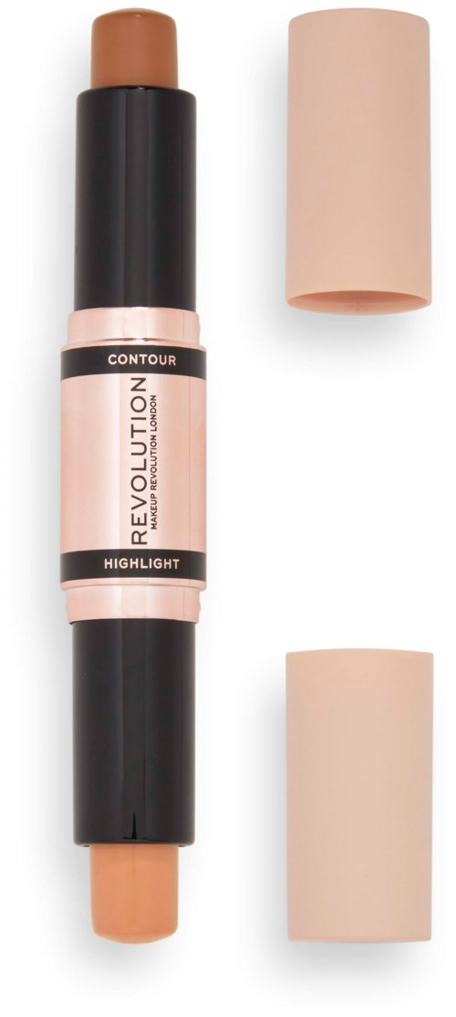 Ein Make-up-Stift mit zwei Deckeln, gekennzeichnet als Kontur und Highlighter, in Schwarz und Beige.