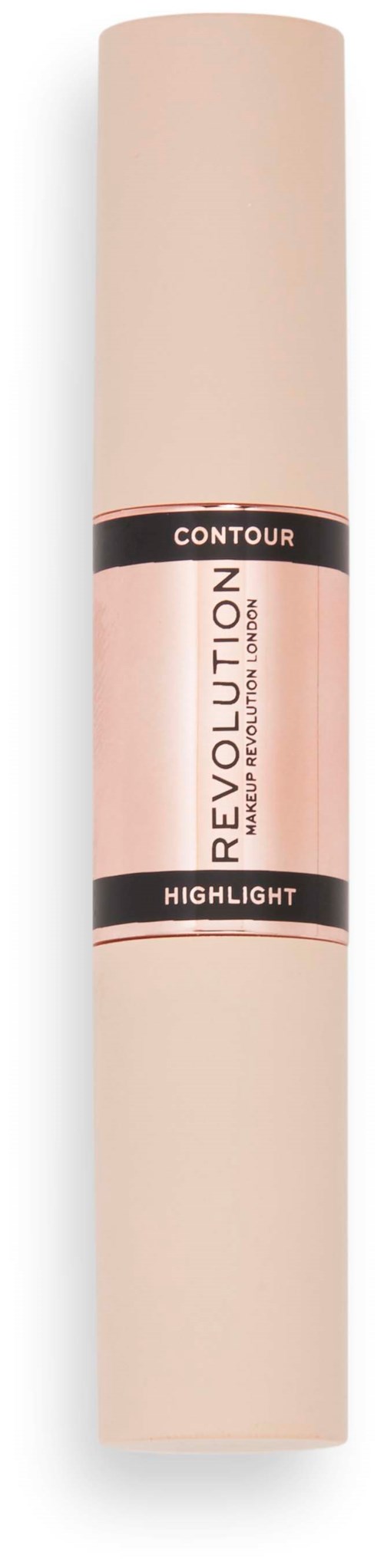 Ein zylindrisches Make-up-Produkt mit hellrosa Körper und schwarzen Etiketten mit den Worten 'CONTOUR' und 'HIGHLIGHT.'