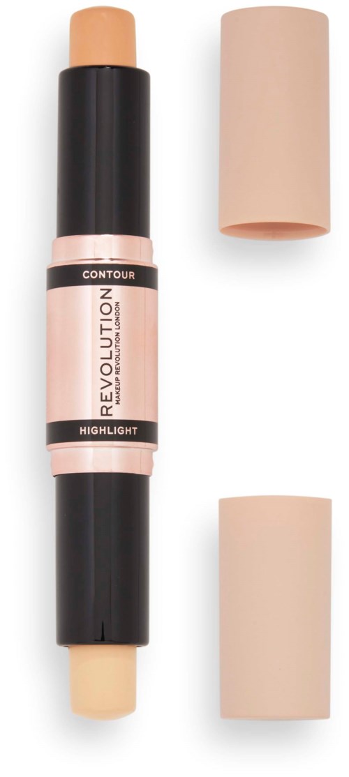 Ein Make-up-Stick mit zwei beigen Kappen an den Seiten, beschriftet 'Contour' und 'Highlight', ist ohne Kappen zu sehen.