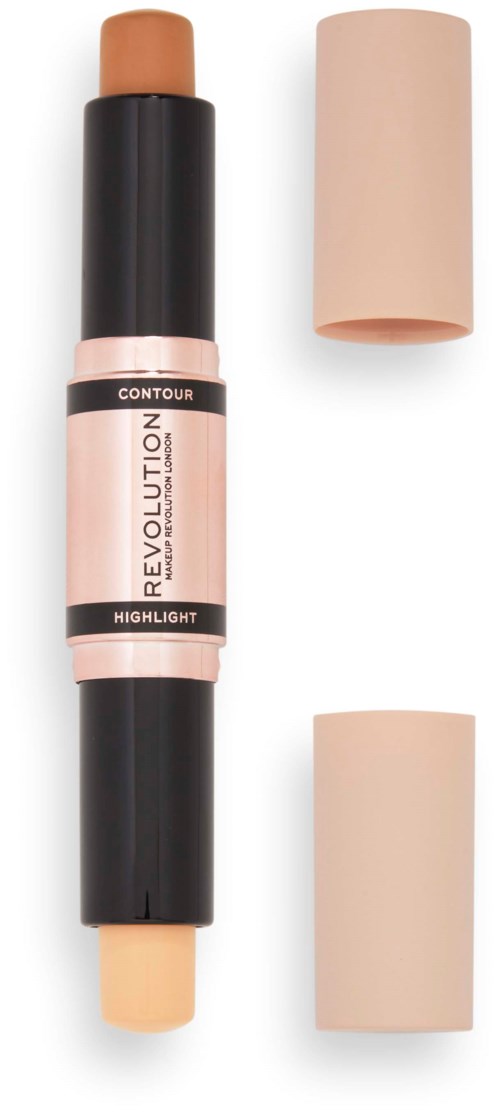 A dual-ended makeup stick with a black body, pink sections, and two beige caps, labeled 'Contour' and 'Highlight.'