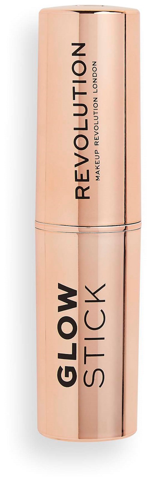 Vaaleanpunainen ja ruusukullan meikkitanko, jossa lukee 'GLOW STICK' Revolution Makeup Londonilta.