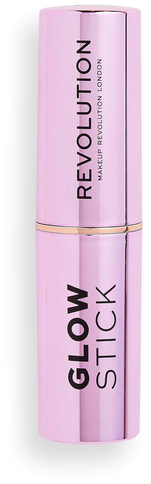 En rosa sminkpinnen med svart text, märkt 'GLOW STICK' och 'REVOLUTION MAKEUP REVOLUTION LONDON.'