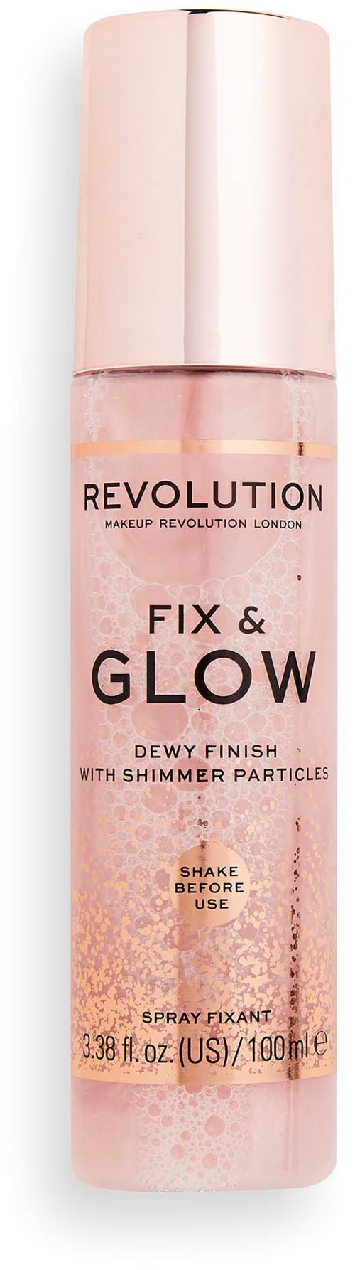 Een roze sprayfles met label 'Revolution Fix & Glow' met glitters, voor make-up afwerking.