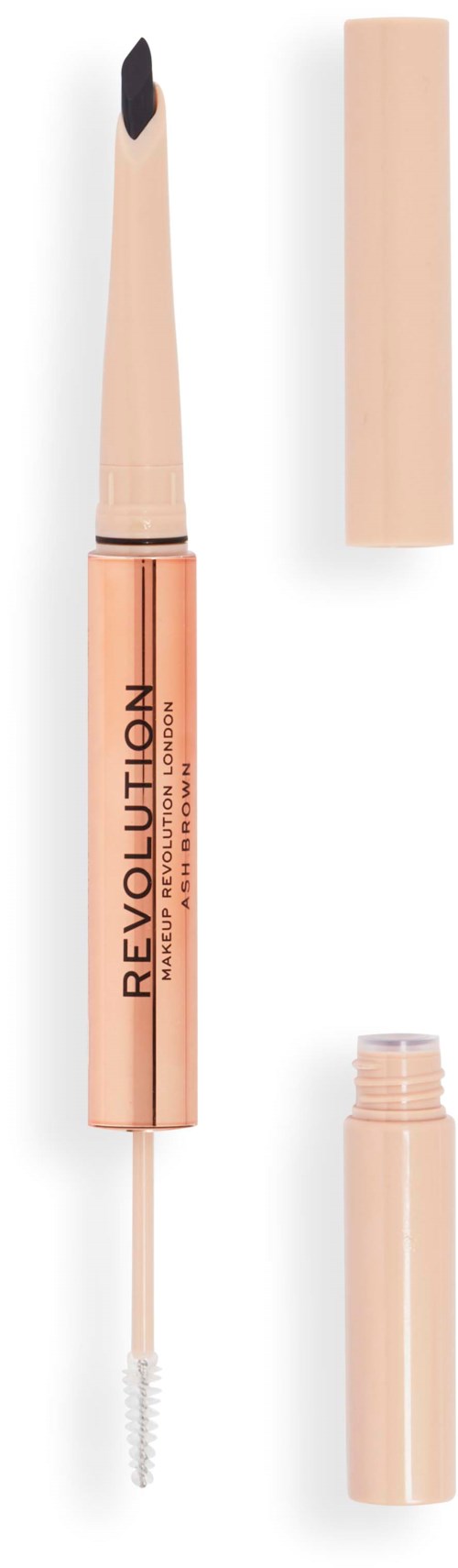 Een nudekleurige vloeibare concealer met een kwastapplicator, in een tube met verwijderbare dop.