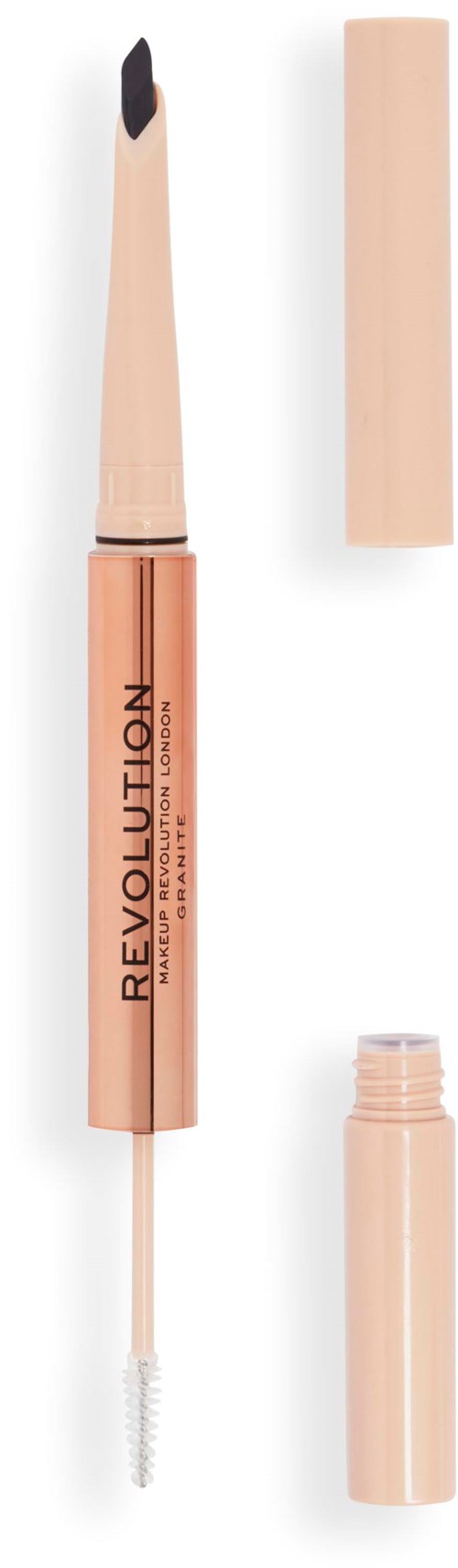 Een roze lipgloss-pen met een zwarte punt, dop en een kleine applicatorborstel.
