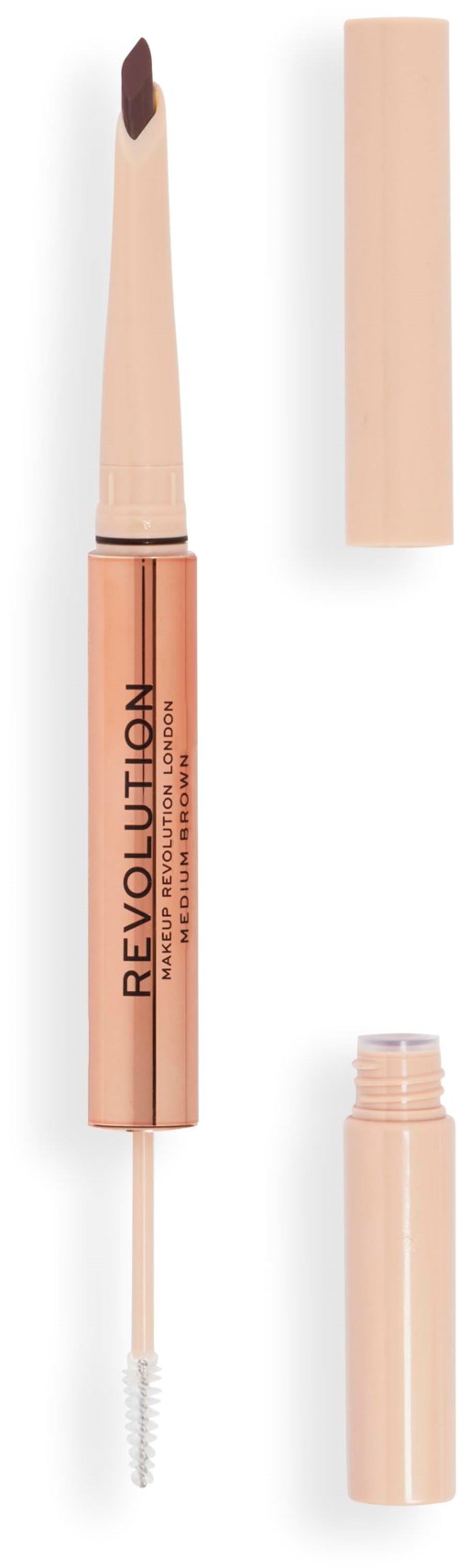 Een beige lip concealer met een kwastapplicator, dop en container, gelabeld 'REVOLUTION'.