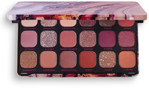 Een kleurrijk oogschaduwpalette met 12 tinten, namen en een marmerroze en paarse deksel.