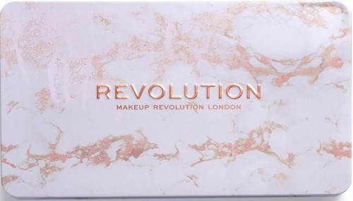 En makeuppalett med marmorlook och texten 'REVOLUTION' och 'MAKEUP REVOLUTION LONDON'.
