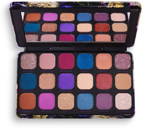 En färgglad ögonskuggspalett med 20 nyanser, inklusive glitter, matta och skimriga färger med namnen Dreamer, Sanctuary, Bohemian.